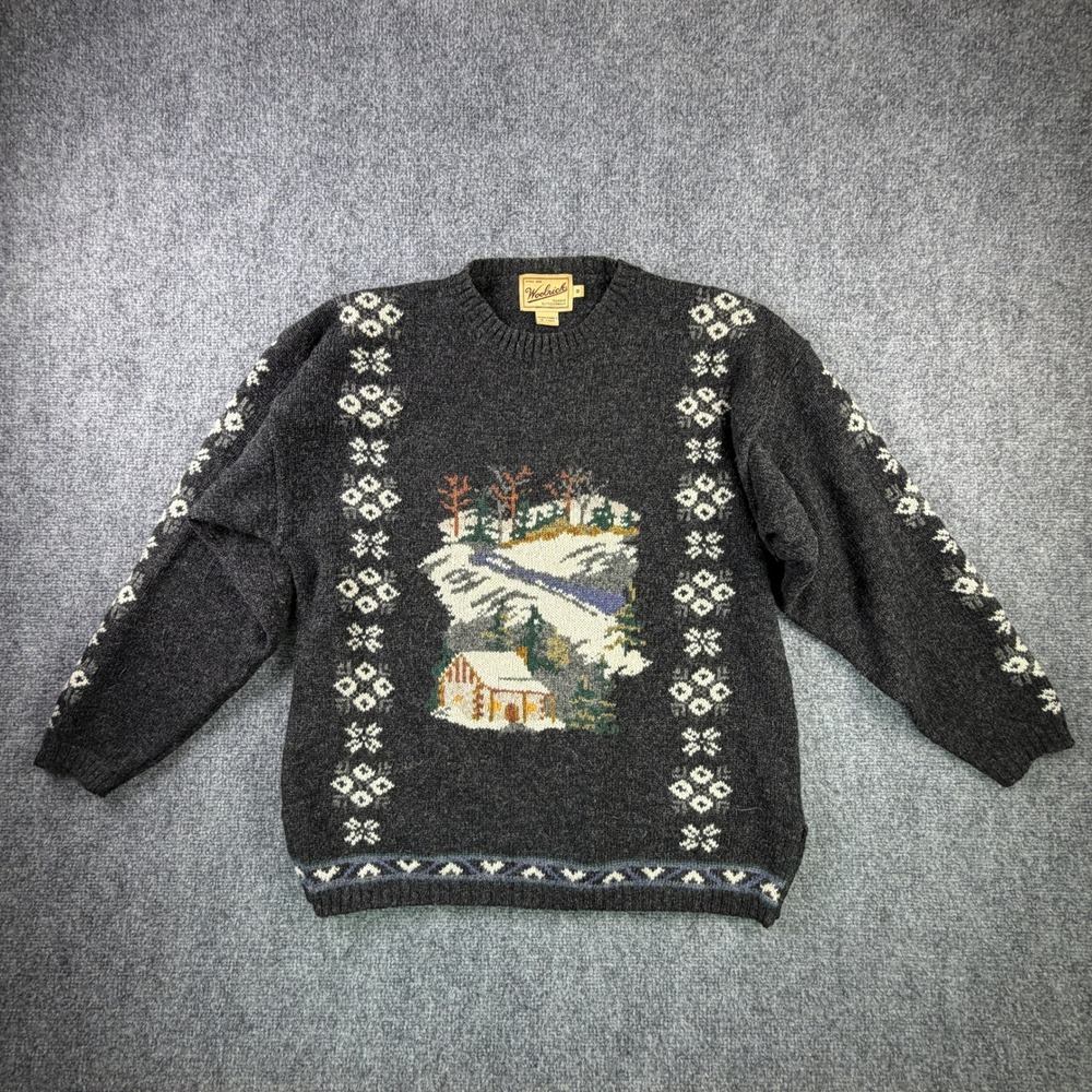 Vintage Woolrich Vintage Cabin Scene Wool Knit Sweater Charcoal Grey Medium